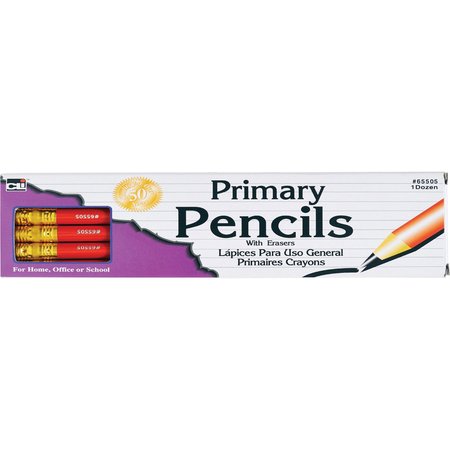 Charles Leonard Primary Pencil, 0.41", Red with Eraser, 12 Per Box, PK3 65505